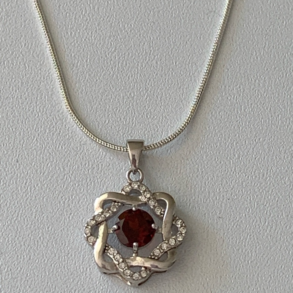 Intricate Silver and Genuine Red Garnet Pendant Necklace